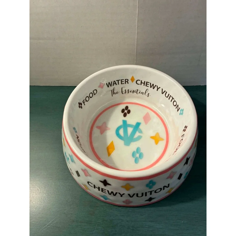 Haute Diggity Dog Chewy Vuiton Ceramic Pet Bowl Medium White Pink Food Water